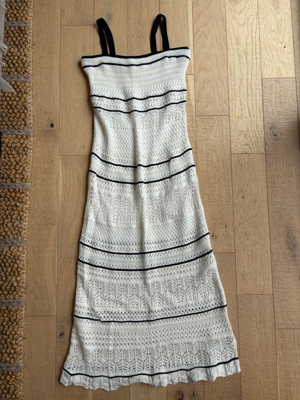 White Knit Midi Dress with Black Trim